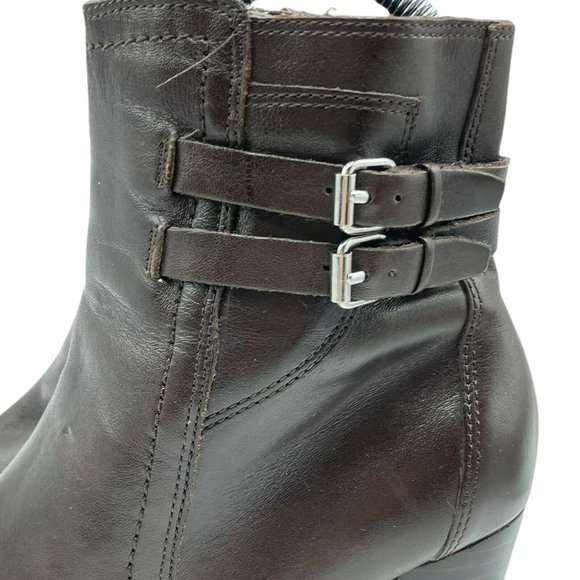Marc Fisher Leather Ankle Bootie Shoe Brown 6.5 Block Heel Women Buckle Boot - Picture 3 of 8